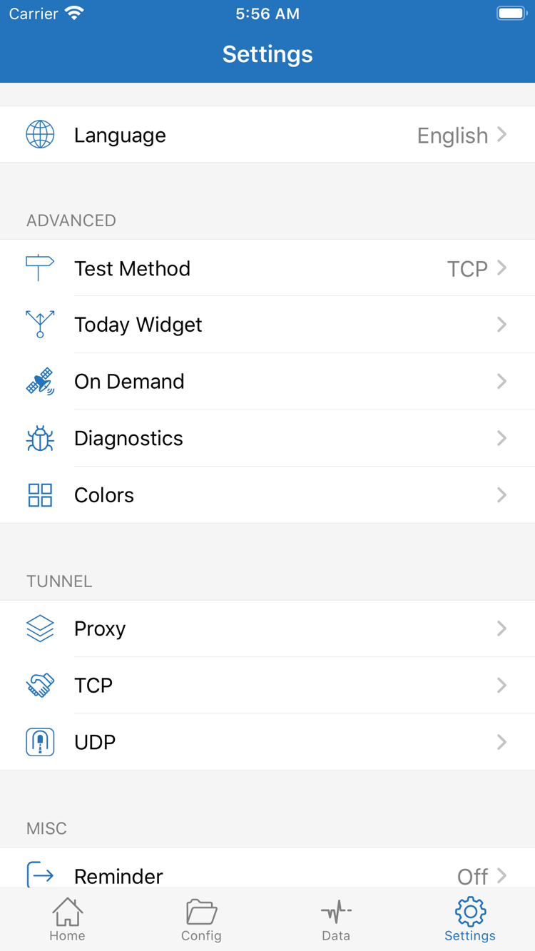 Official Shadowrocket Settings screen showing the Test Method, On Demand, Diagnostics, Proxy, TCP, and UDP options