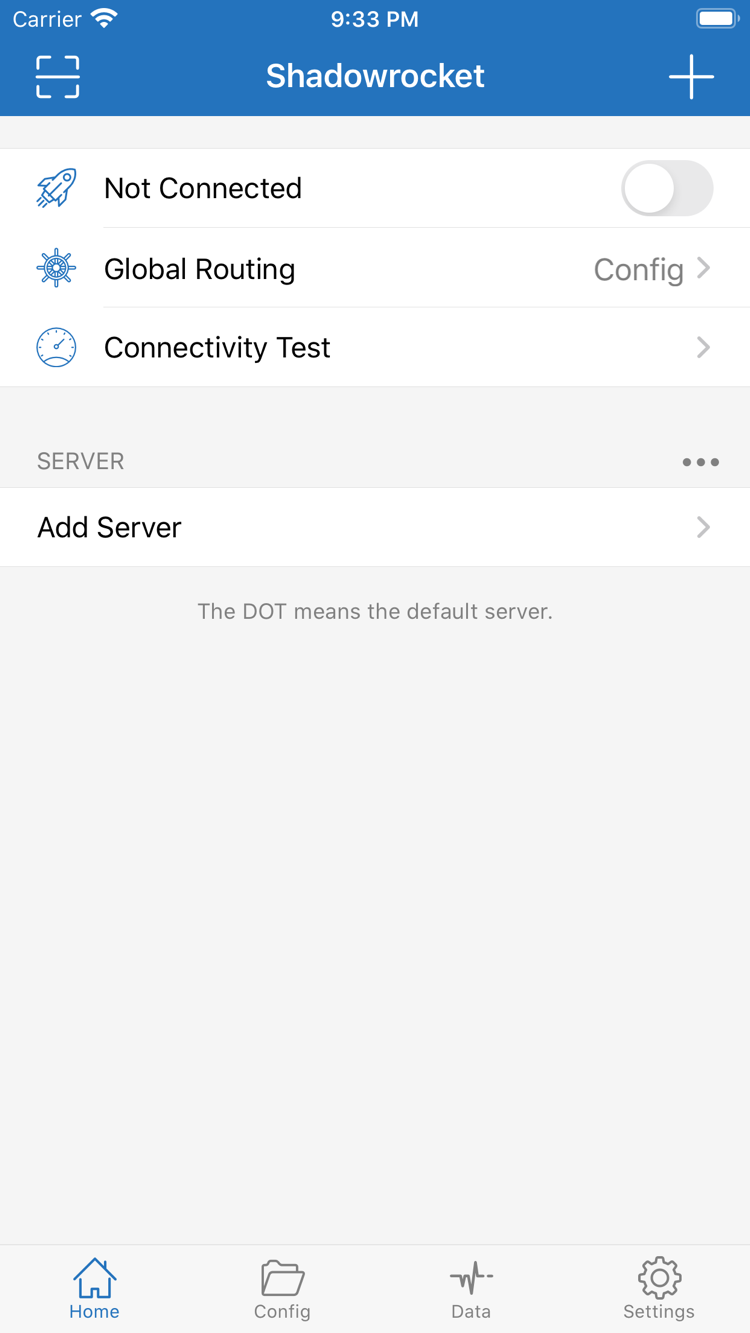 Official Shadowrocket Home screen showing the Not Connected switch, Global Routing, Connectivity Test, and SERVER group