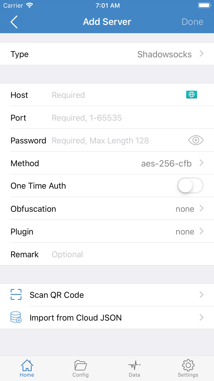 Official Shadowrocket Add Server page showing Type, Host, Port, Password, Method, and the QR code import option