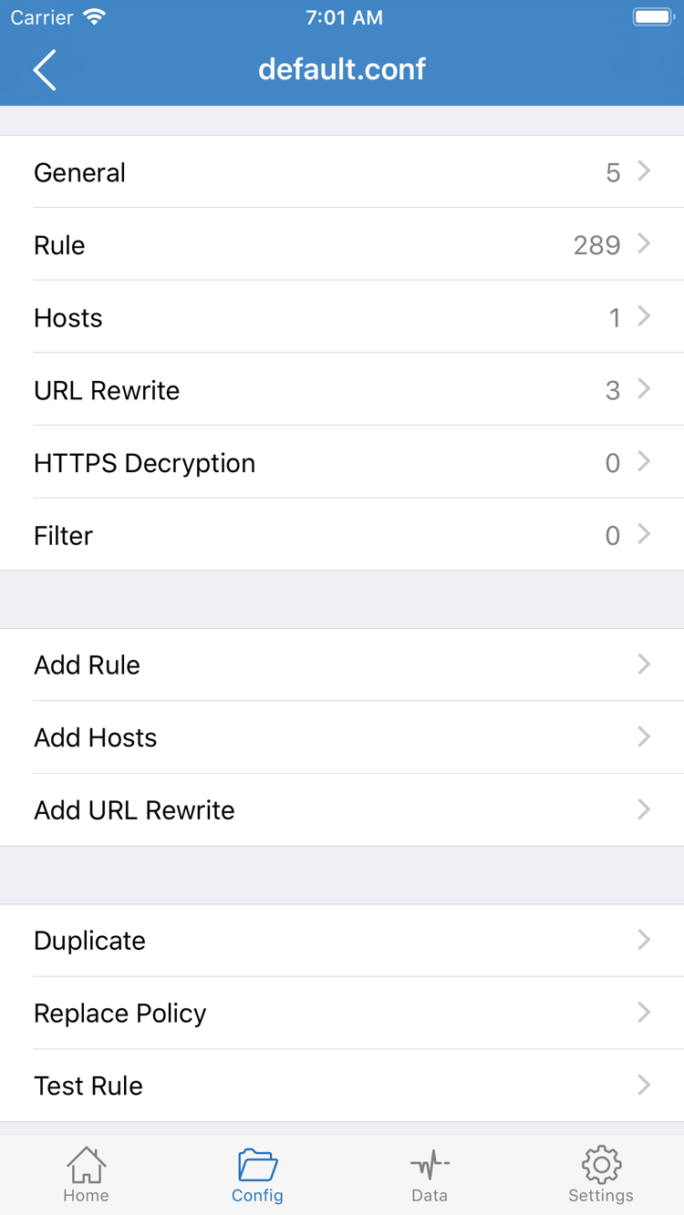 Official Shadowrocket Config editor showing the General, Rule, and Hosts sections and Add Rule